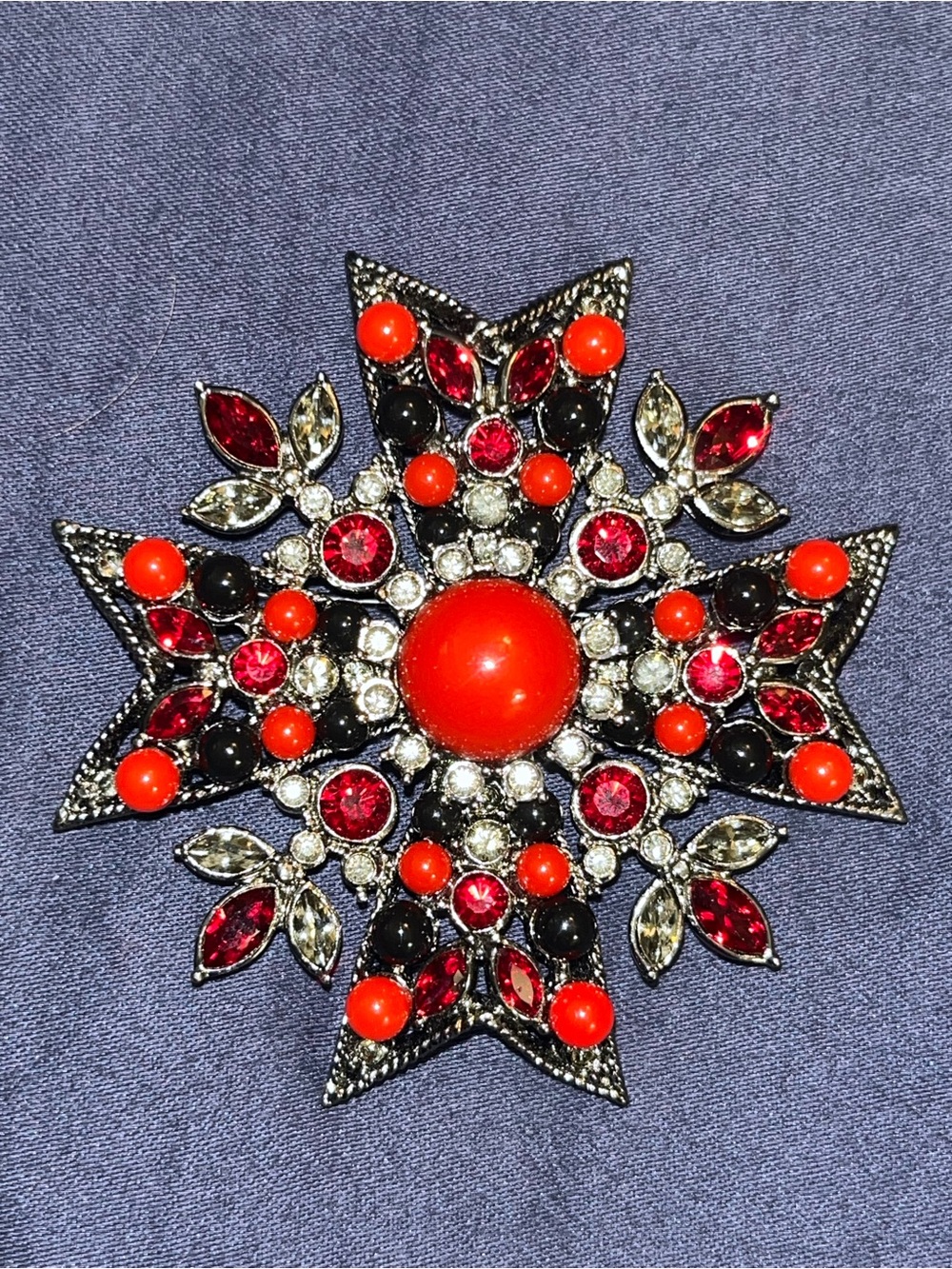 Vintage Joan Rivers Maltese Red, Black, and Crystal Cross Brooch